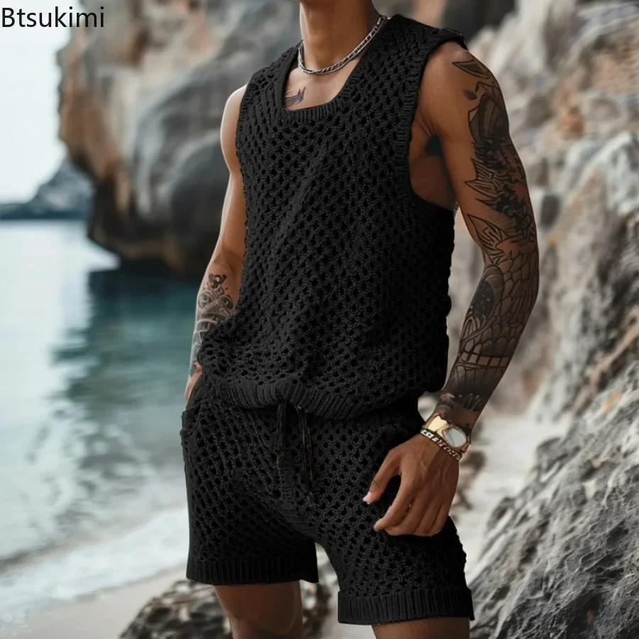 2025 Męskie letnie dwuczęściowe zestawy z dzianiny Moda Solidne luźne podkoszulki i szorty Plażowy strój sportowy Mężczyźni Hollow Out Streetwear