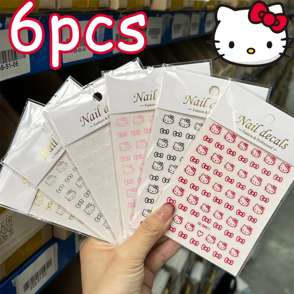 6 шт. 3D головы HelloKitty Kawaii наклейки для ногтей красные/черные/золотые самоклеящиеся наклейки для ногтей с бантом котенка для девочек милый слайдер для ногтей