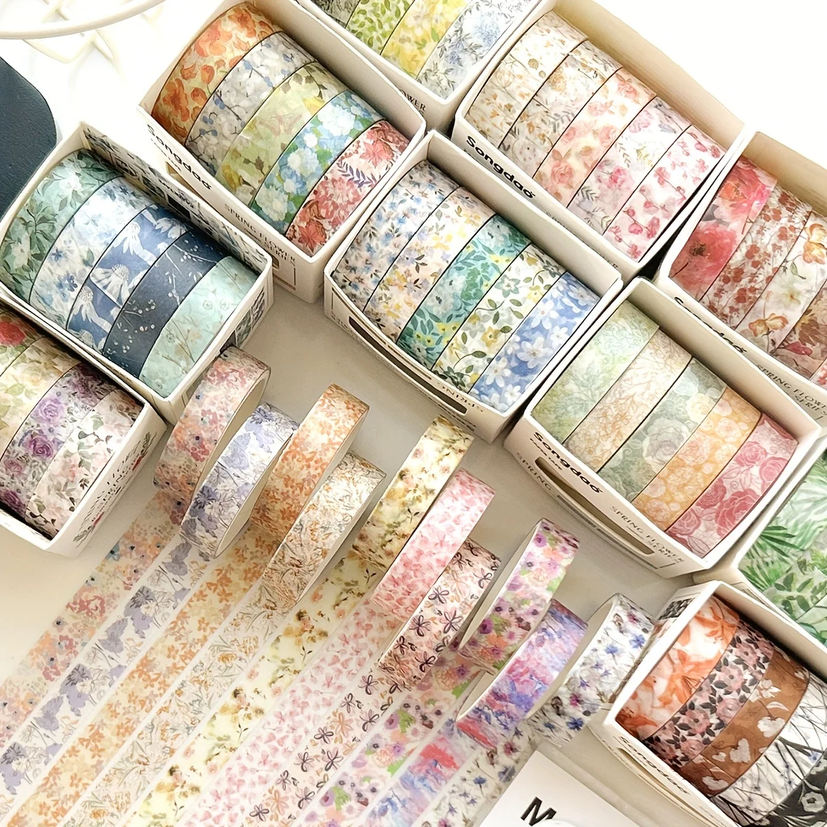 5 rotoli di nastro manuale con fiori romantici in scatola, simpatico nastro washi decorativo fresco fai-da-te per studenti, un regalo indispensabile per gli studenti