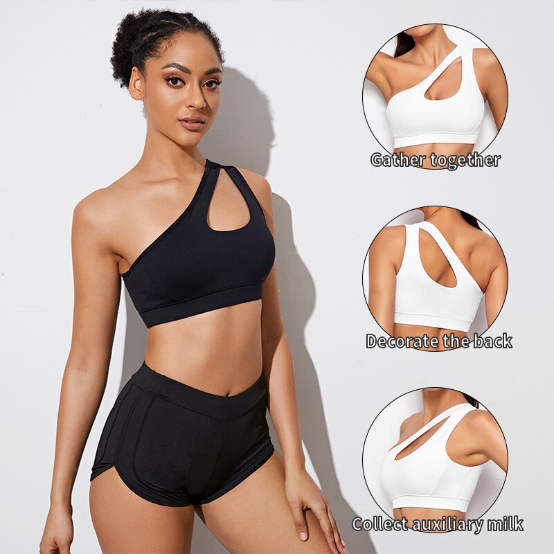 Frauen Sport-Bh Push-Up Fitness Bhs Eine Schulter Stoßfest Yoga Bh Schwarz Weiß Yoga Lauf Bh Sexy Weste