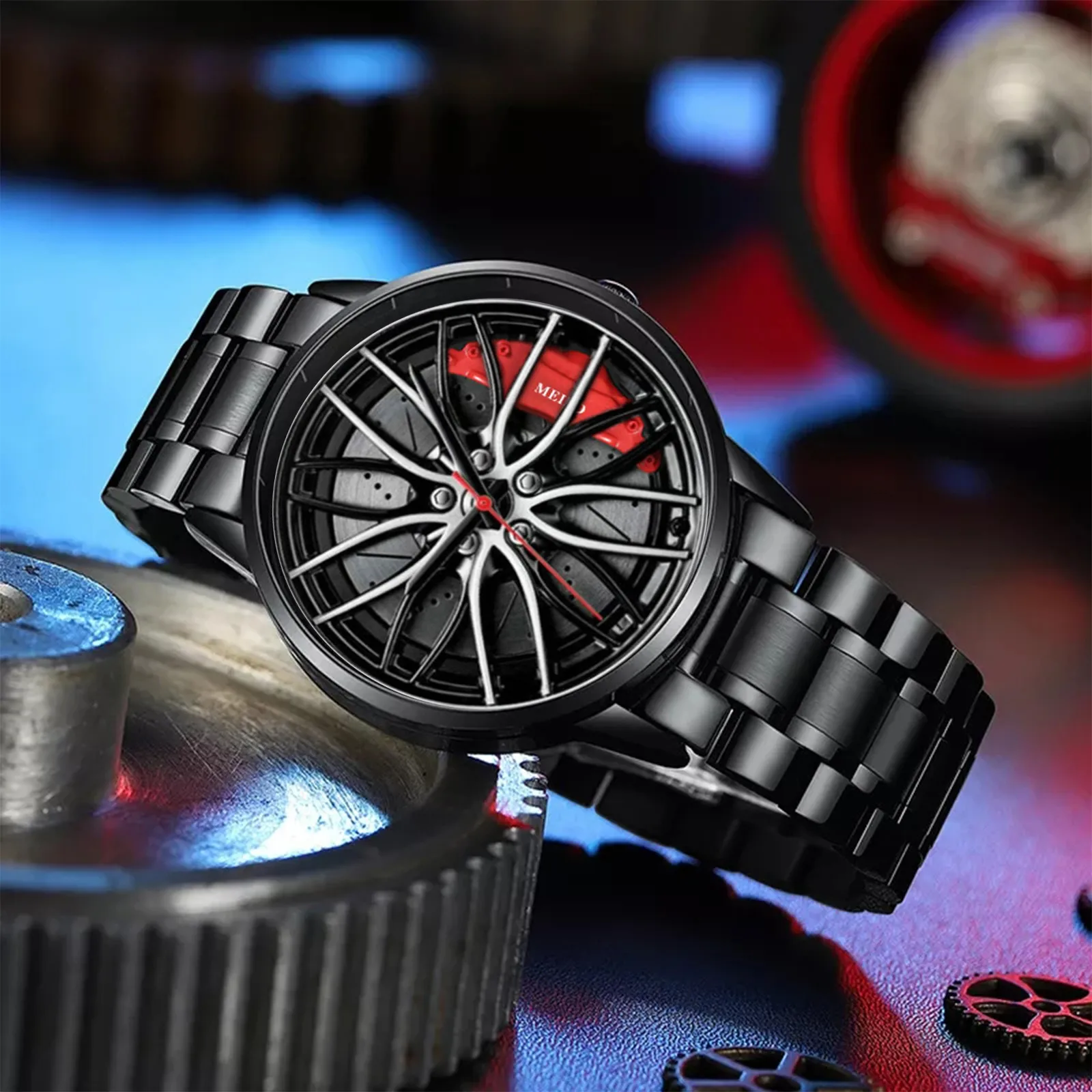 Montres de voiture pour hommes, montre-bracelet à Quartz étanche en acier inoxydable, montres de sport pour hommes avec conception de moyeu de jante de roue de voiture