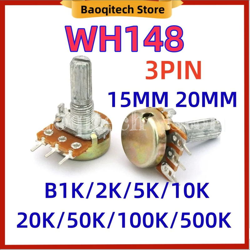 10 20 50 Stück WH148 verstellbar B1K 2K 5K 10K 20K 50K 100K 500K Ohm 3 Pin 15mm 20MM
