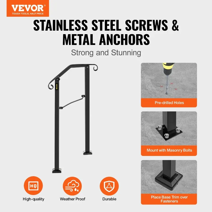 Handrails for Outdoor Steps Fit 1 or 2 Steps Outdoor Stair Railing Arch#1 Wrought Iron Handrail Flexible Porch Railing Black T