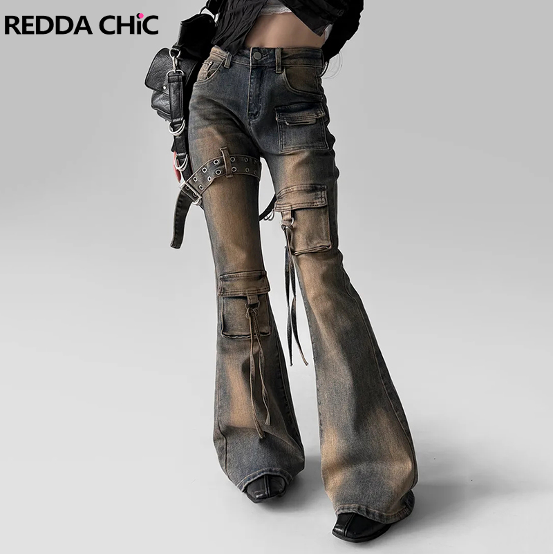 REDDACHiC женские расклешенные джинсы-карго с низкой талией Y2k винтажные потертые облегающие брюки с поясом, брюки-клеш, корейская уличная одежда
