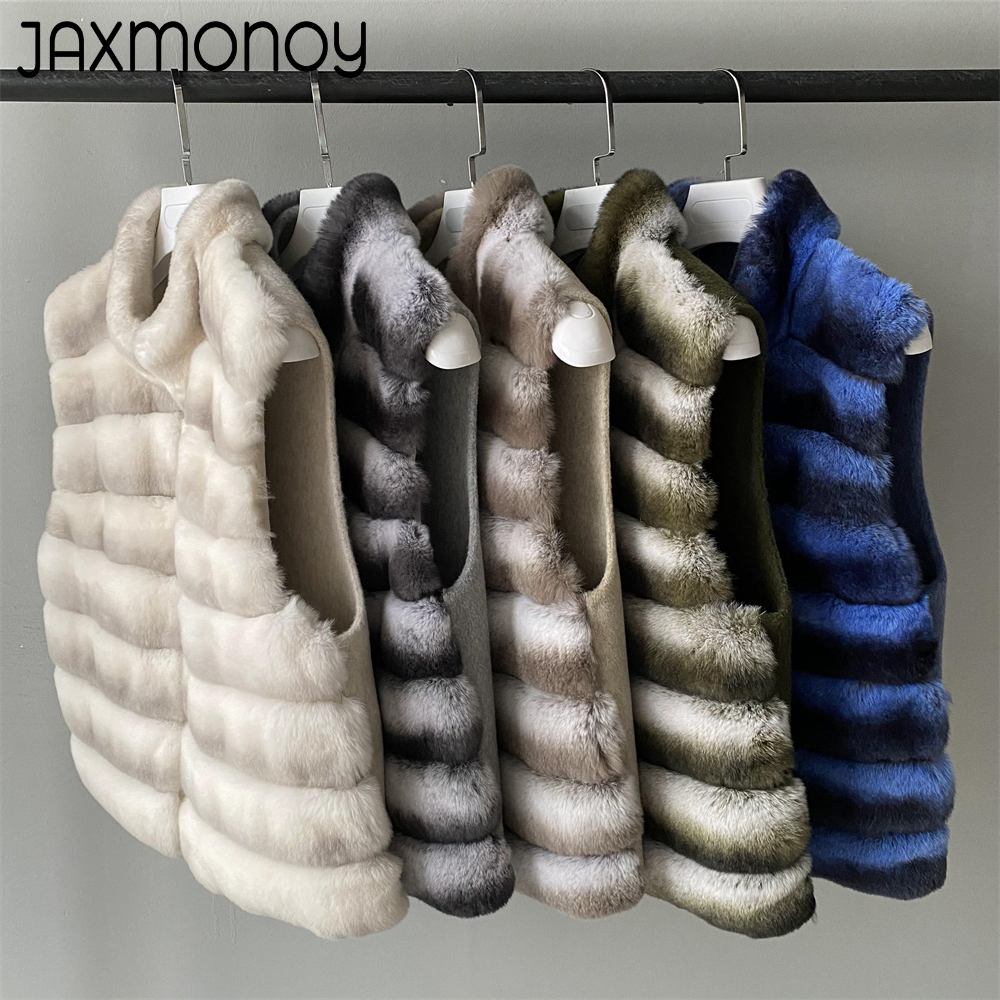 Jaxmonoy Natuurlijke Konijnenbontjas Voor Dames Winter Real Rex Konijnenbont Vest Dames Mode Patchwork Wolmix Vest Val