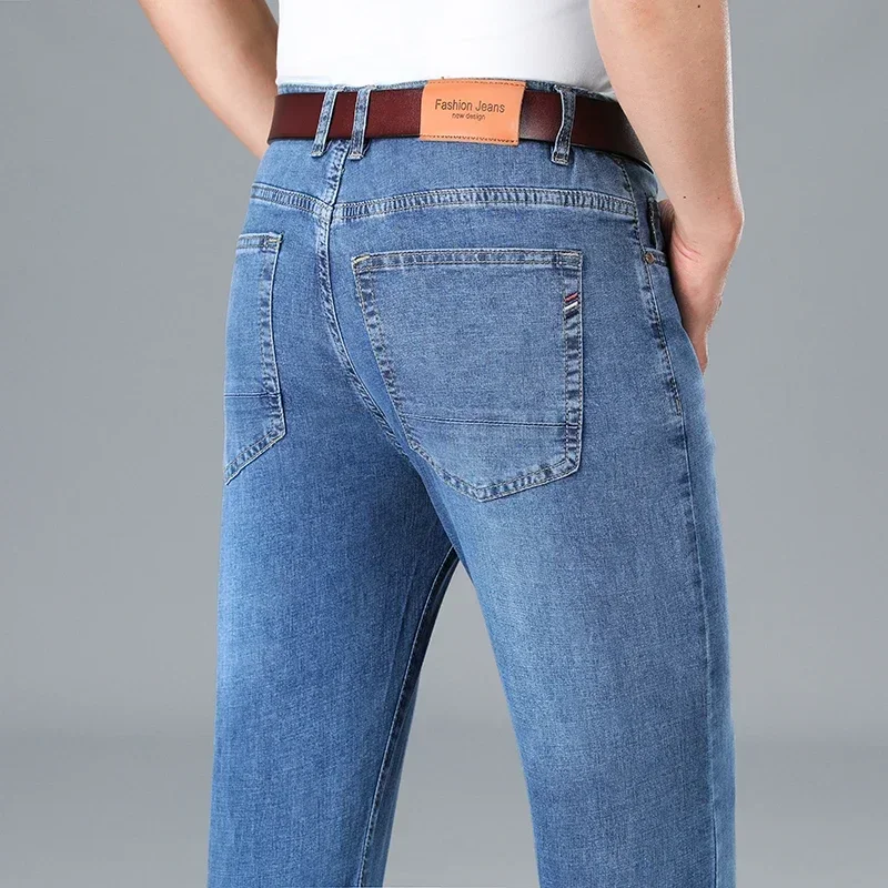 Pantalones vaqueros elásticos de algodón para hombre, Material fino o grueso, moda gris, cómodos, informales, de negocios, de cintura alta, 2024