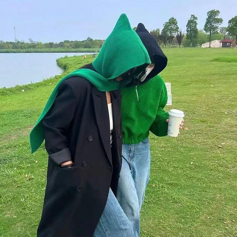 Korea Hat Scarf Set Women Knitted Hooded Shawl Balaclava Hat Winter Thicken Keep Warm Scarf Wool Pullover Hat Gothic Accessories