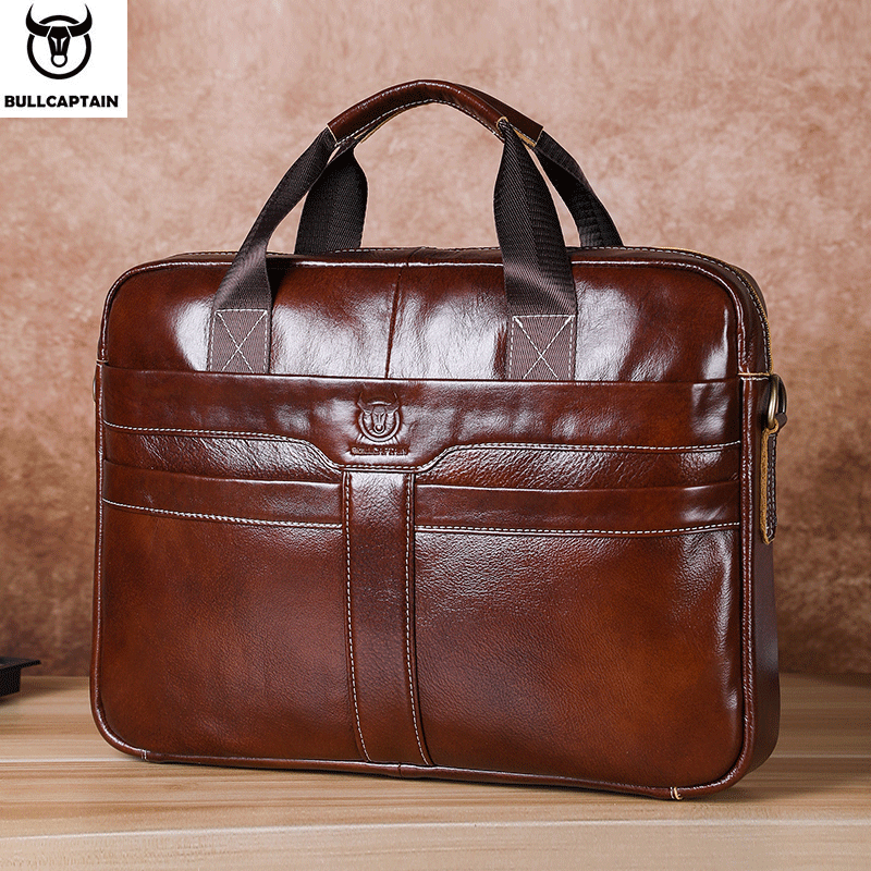 Borsa per laptop in pelle BULLCAPTAIN, borsa per laptop da 15 pollici in pelle con strato superiore Valigetta per laptop da uomo Valigetta da lavoro Borsa da viaggio d'affari 053