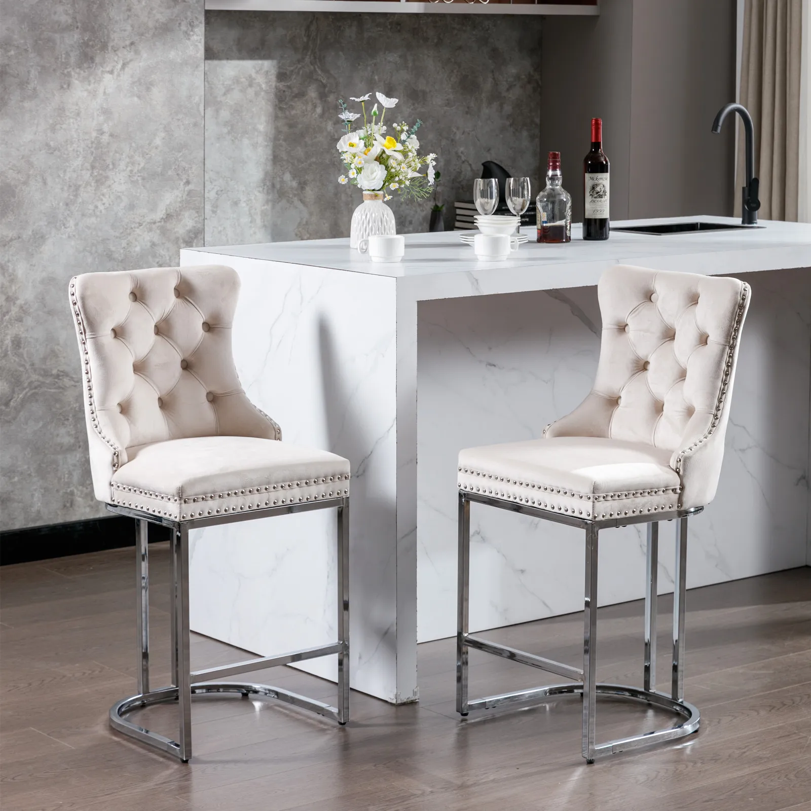2Pcs 26" Counter Height Dining Chairs Upholstered Soft Backrest Cushions Chairs Bar Stools For Living Room Kitchen Dining Room