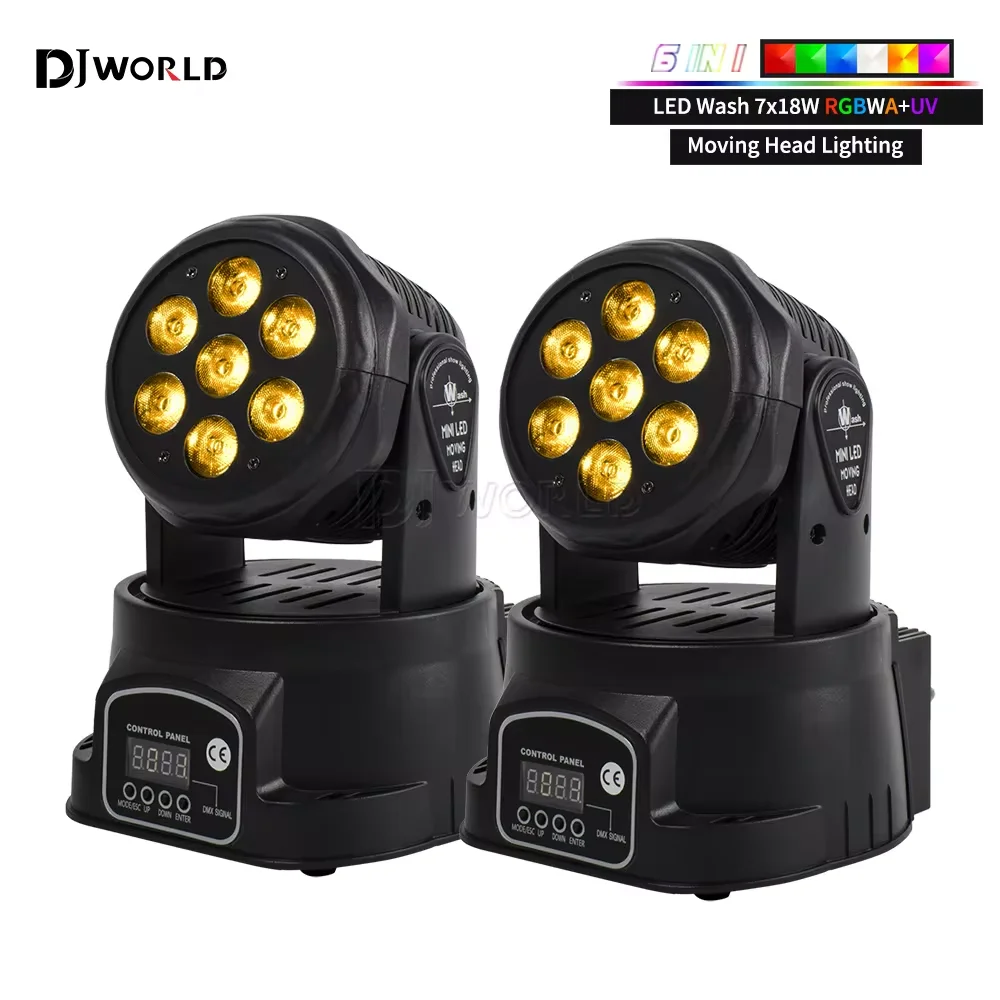 2pcs LED 7x18W Moving Head Light RGBWA + UV 6IN1 Professional STAGE Effect 10/15DMX ล้างแสงสําหรับดิสโก้ DJ Music PARTY Dance Club