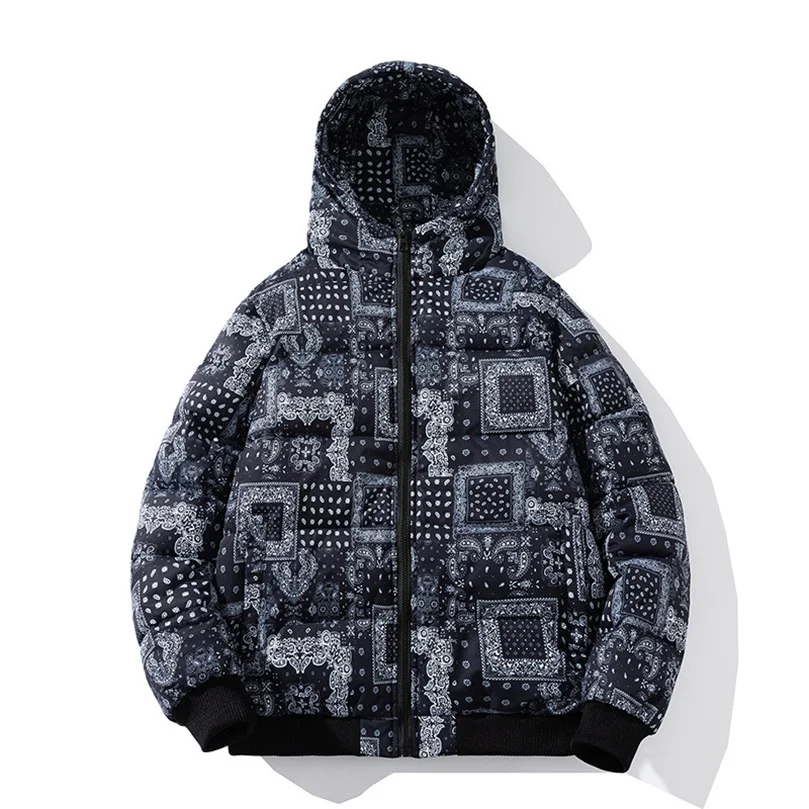 Winterjacke Herren Bandana Print Patchwork Baumwolle Gefütterter Mantel Dicke Warme Kapuze Varsity College University Oberbekleidung Neu 2024 Z1