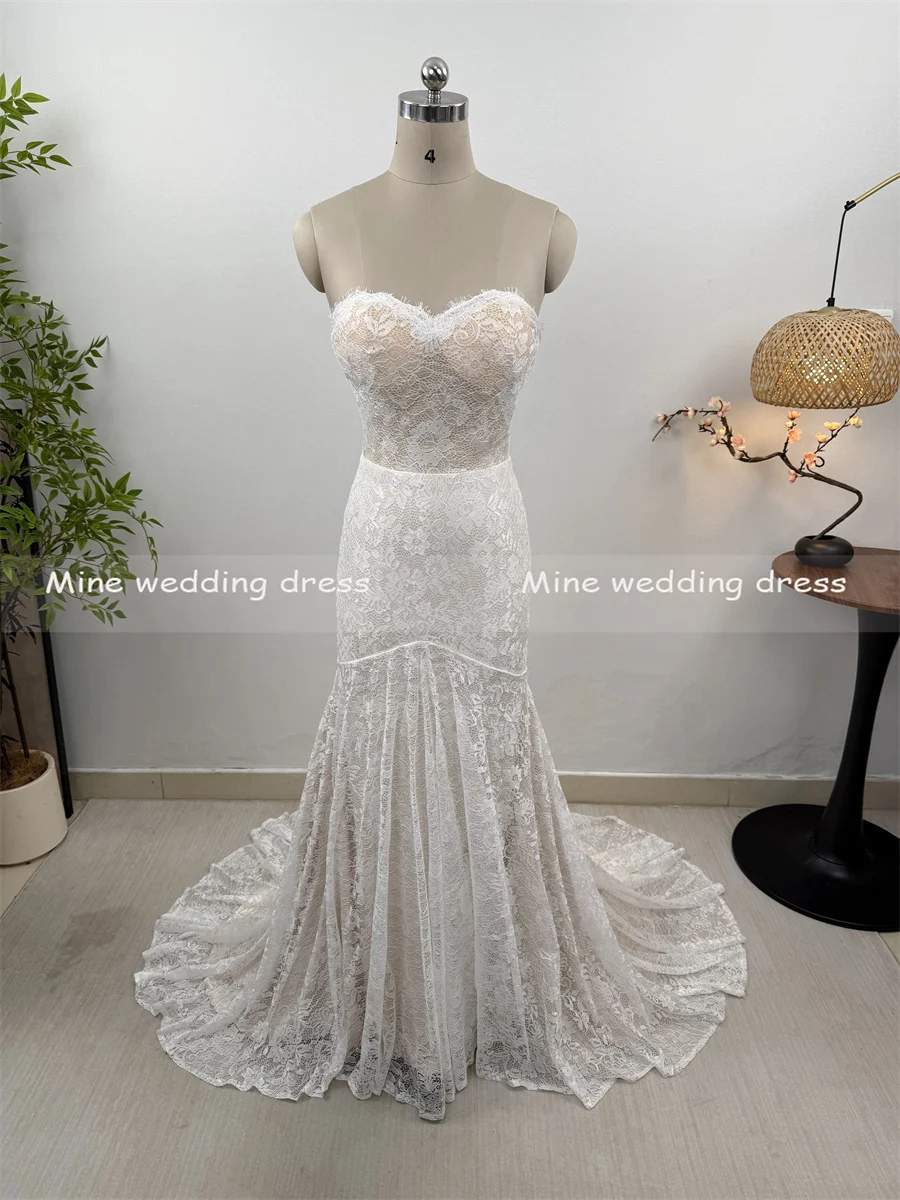 Personalizado querida 3/4 mangas alargamento sereia rendas vestidos de casamento sem costas ver através e zíper vestidos de noiva