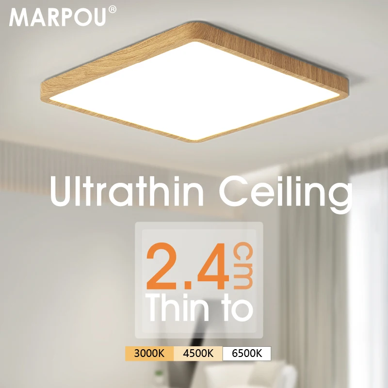 MARPOU 2,4 cm ultradünne LED-Deckenleuchte, quadratische Holzmaserung, Deckenleuchten für Wohnzimmer, 220 V, 110 V, LED-Leuchten für Zimmer, Schlafzimmer