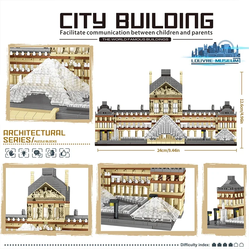 3377PCS Louvre Model Building Blocks World Famous Attractions Architectural Model Bricks Desktop Decoration Kids Toys Gifts