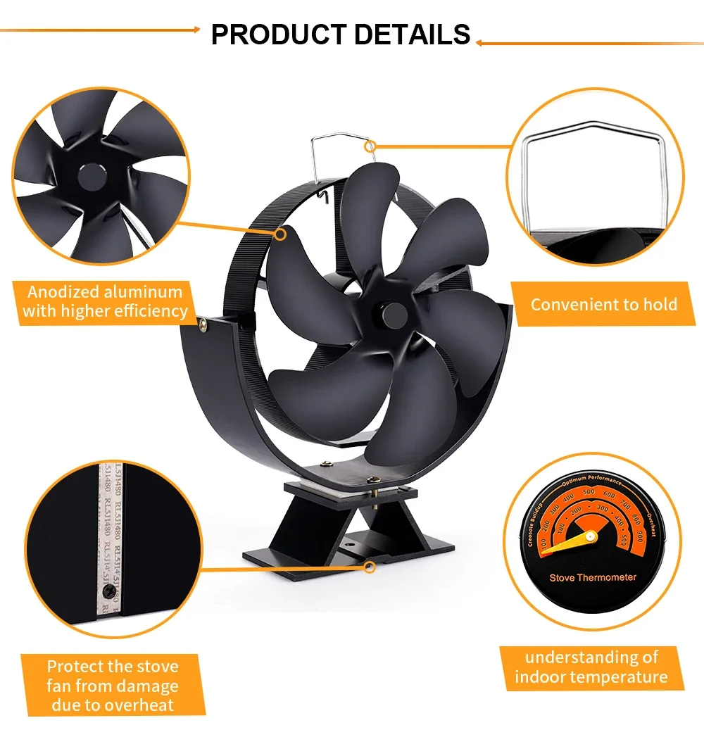 Wärmebetriebener Ofenventilator mit 6 Flügeln, 360° drehbarer Kaminventilator, Holzbrenner, Öko-Ventilator, leiser, effizienter Ofenventilator mit Wärmeverteilung