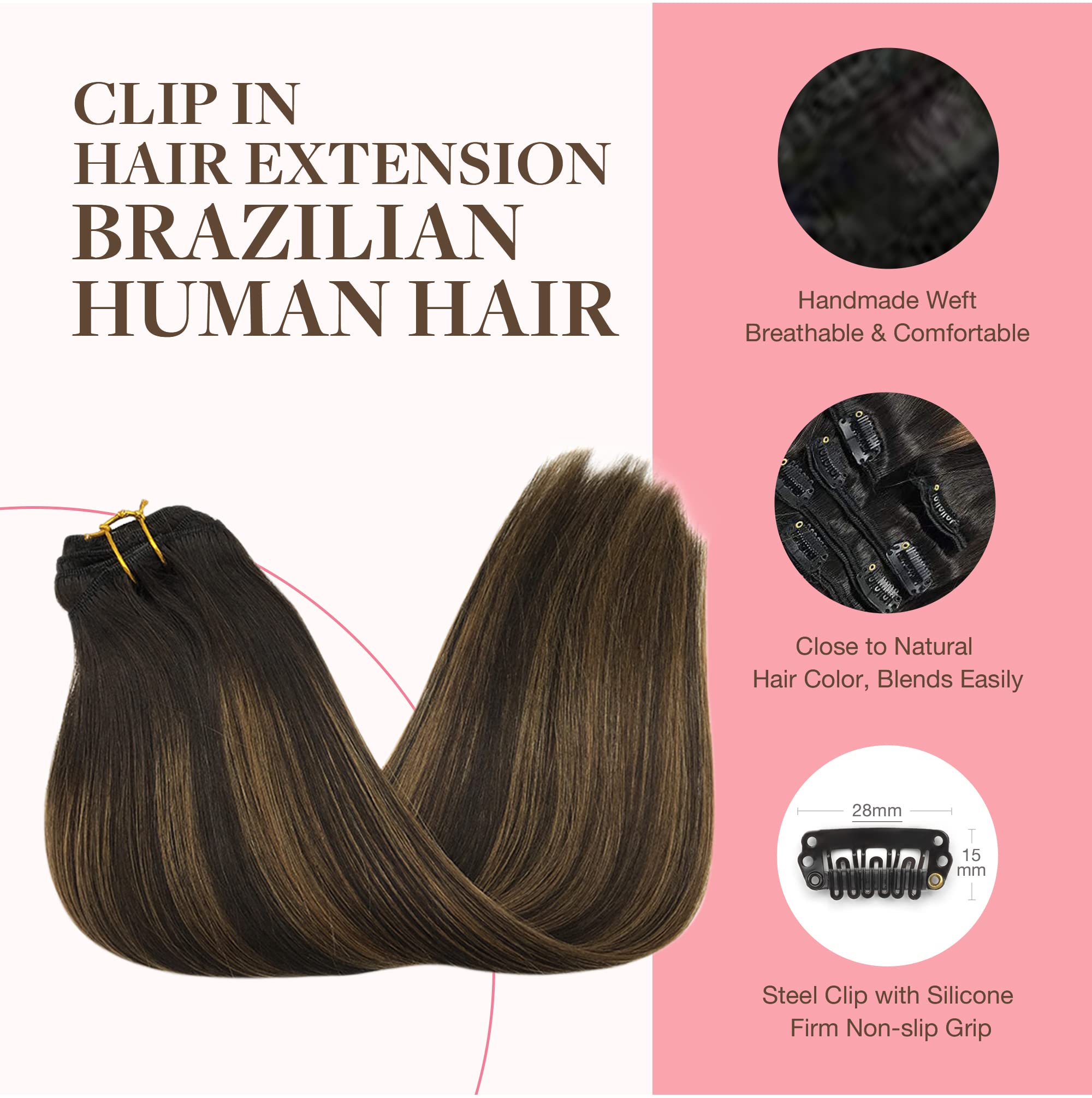 Extensions de cheveux humains lisses à clips, brun clair naturel, miel ombré, Balayage, postiches noires pour femmes, tête complète à clipser
