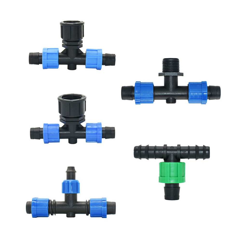 Accesorios de cinta de goteo de riego de 5/8 "y 16mm, tapón de extremo de codo en T, conectores rectos, tuerca de bloqueo, manguera, divisor de agua para invernadero de granja