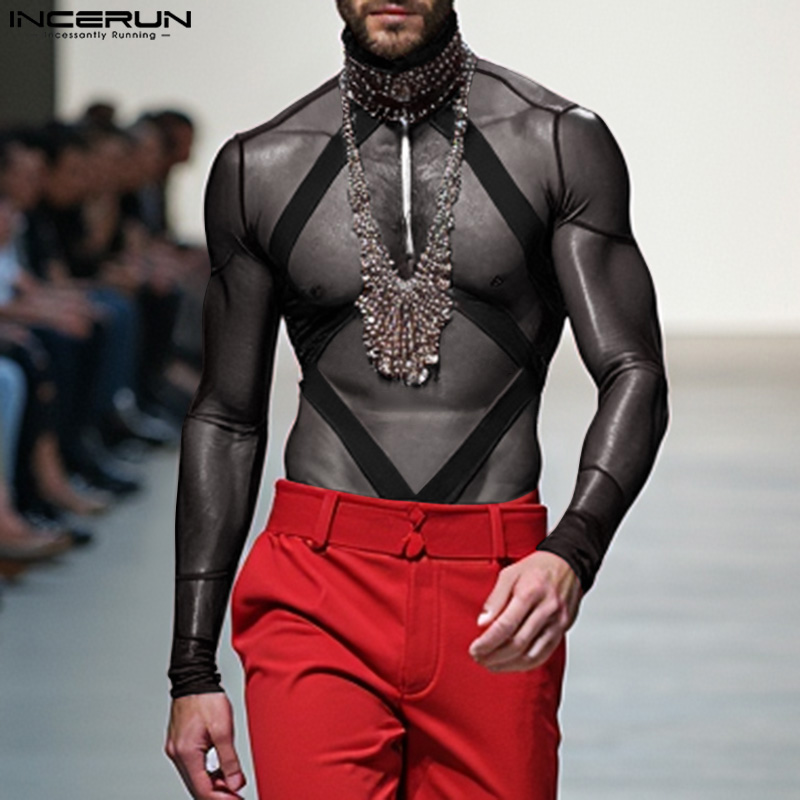 Monos informales a la moda para hombre, mono con diseño de correa de empalme de malla con perspectiva INCERUN, ropa de casa fina sexi para hombre, S-3XL