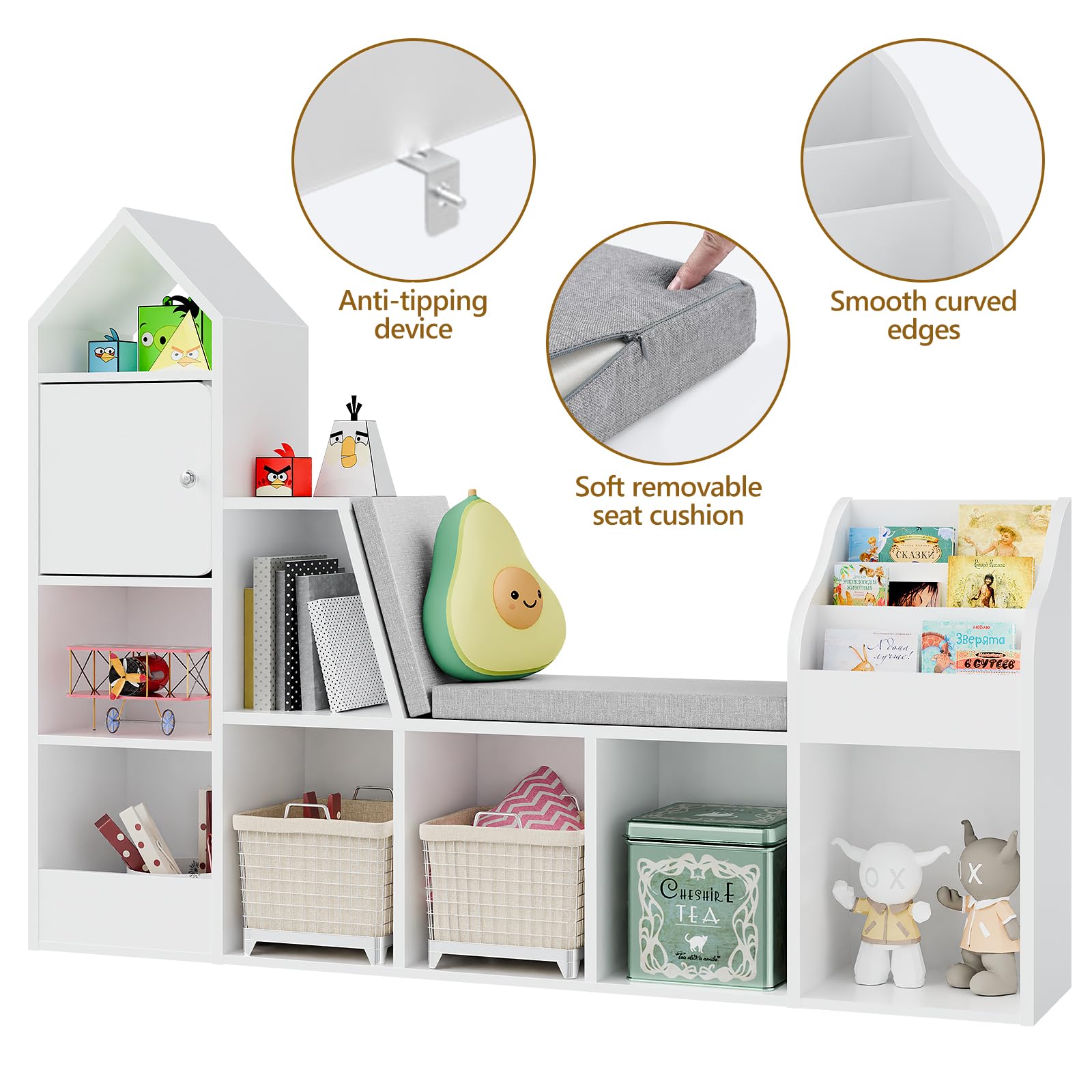 Vabches kids Bookcase with Seat Cushion Children's Bookshelf with 7 Open Storage Cubbies&3-Tier Book Organizer Toy Storage Chest