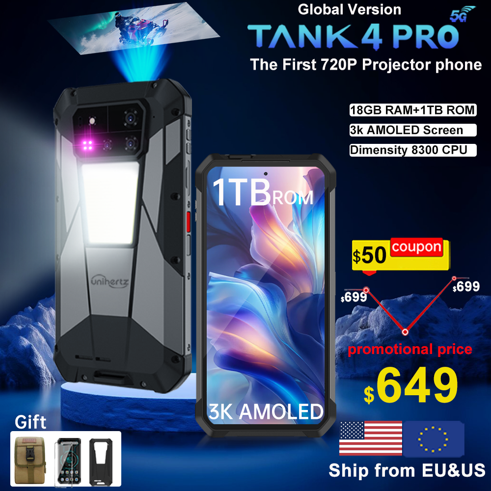【World premiere】Unihertz by 8849 Tank 4 pro Smartphone 5G with 720P Projector Dimensity 8300 36GB+1TB Cellphone 3k AMOLED