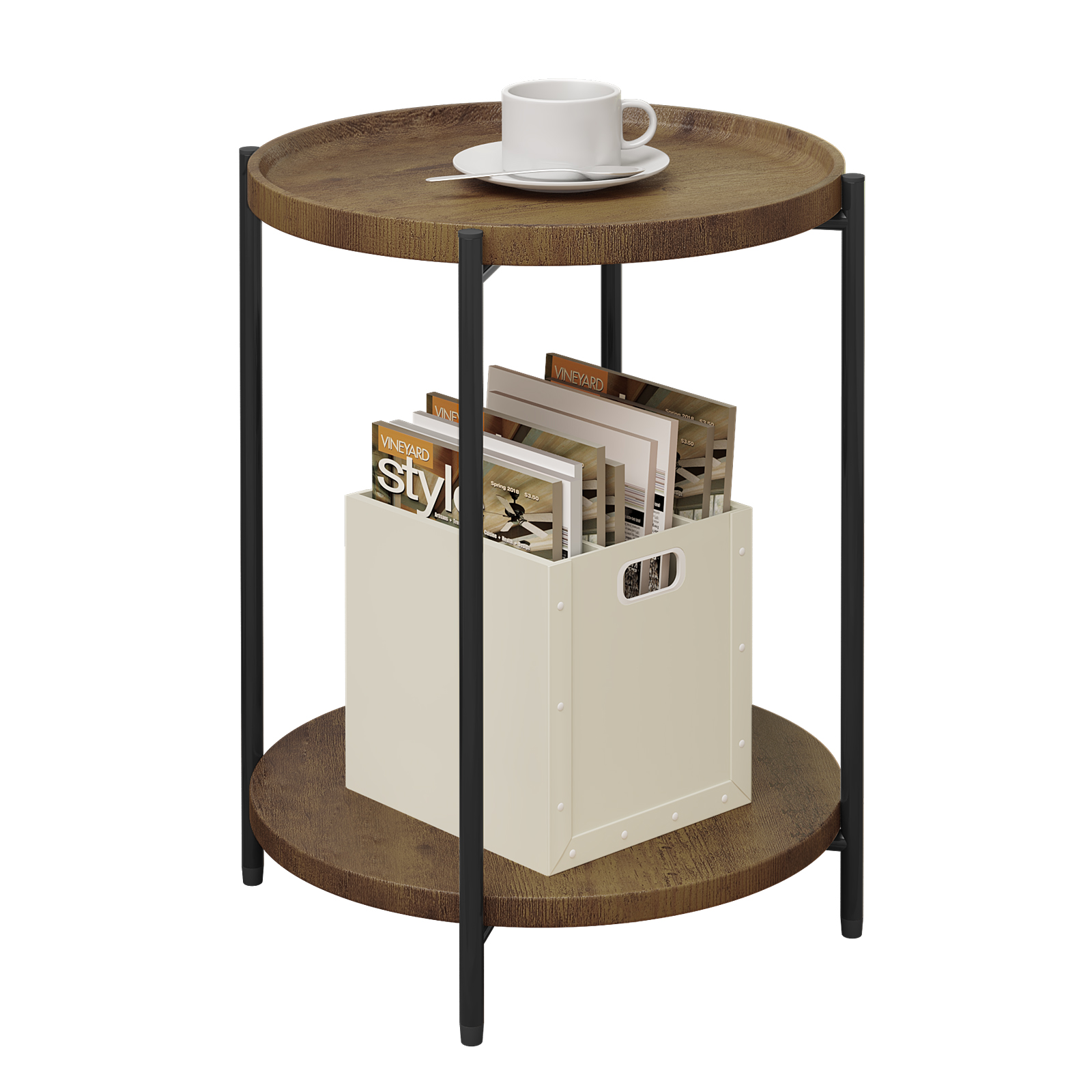 Mesa de centro redonda con 2 estantes, mesa extraíble, sofá, teléfono, mesita de noche de té para sala de estar, dormitorio y hogar