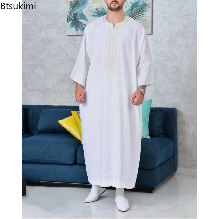 2023 Eid Muslimische Männer Kleidung Ethnischen Stil Splice Gestickte Lange ärmeln Abayas Saudi Arabisch Lose Beiläufige Robe Männer Muslimischen thobe