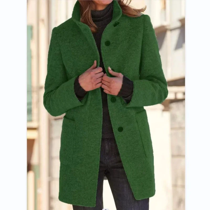 Women Vintage Solid Color Stand-up Collar Tweed Jacket Autumn Winter Warm Commuter Outerwear Single-breasted Cardigan Long Coat