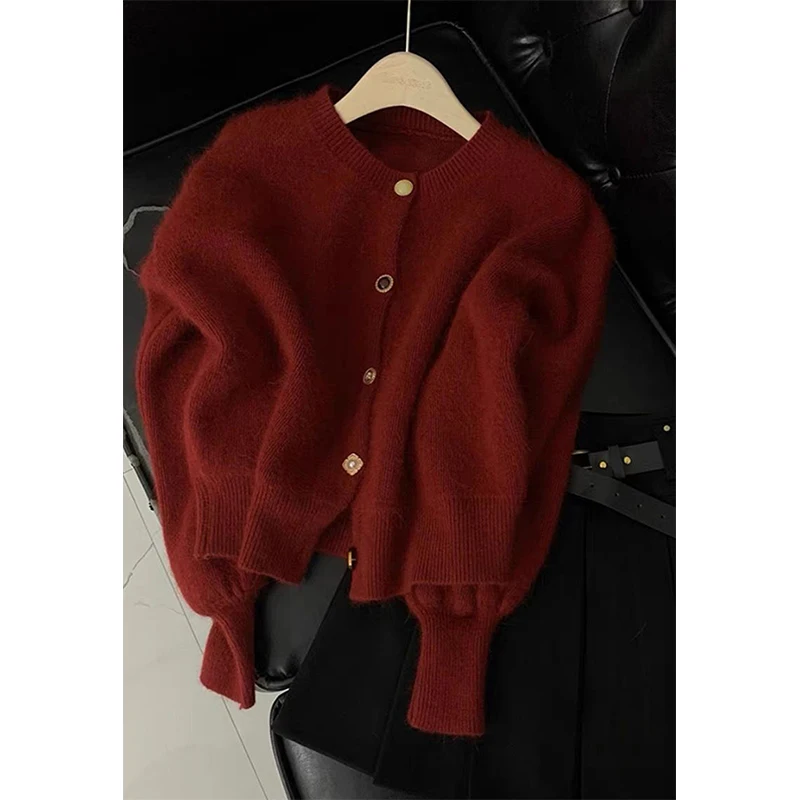 Vintage kurz geschnittene Strickjacke Frauen koreanische Langarm pullover Oberbekleidung Winter Damen elegante schicke Strickwaren Freizeit pullover
