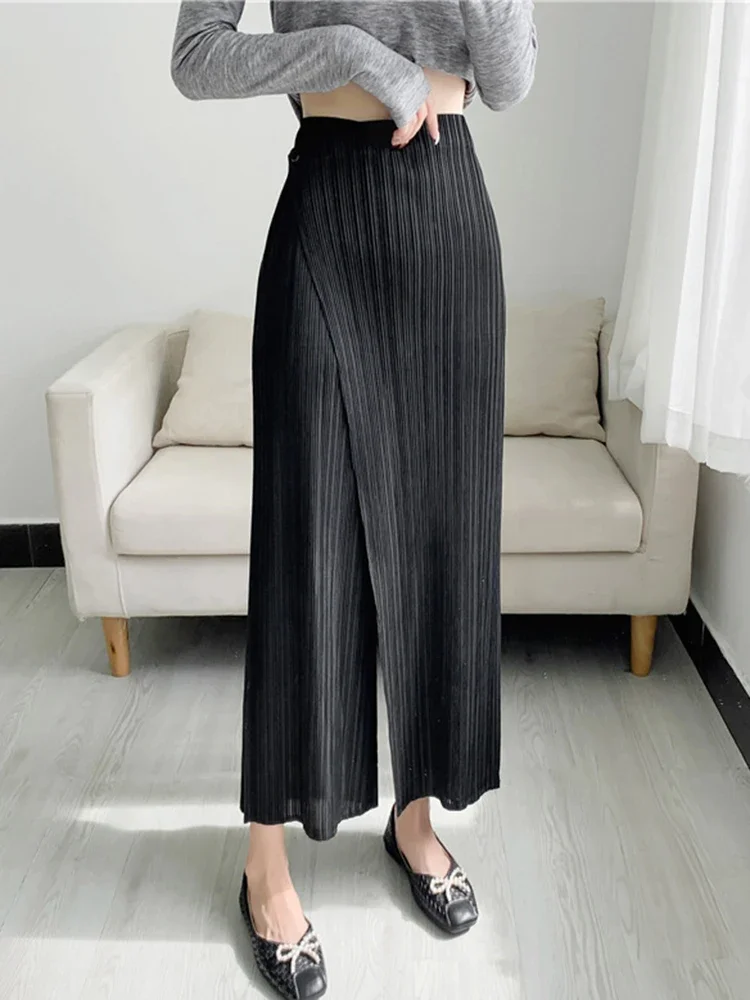 YUDX Frauen Plissee Einfarbig Knöchel-länge Hosen Elastische Taille Breite Bein Gerade Weibliche Hose Lose 2025, Sommer