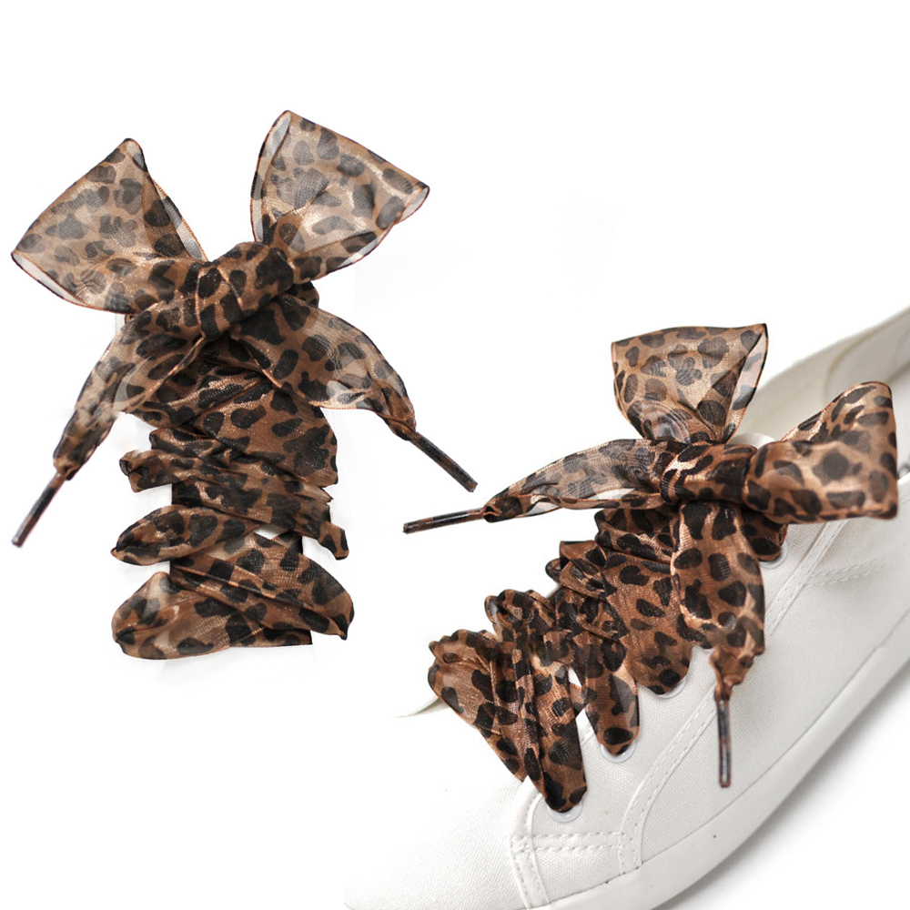 Nuevo 110cm de largo lindo estampado de leopardo de moda señoras exquisito pequeño encaje fresco fondo plano satén de seda todo-fósforo par de cordones