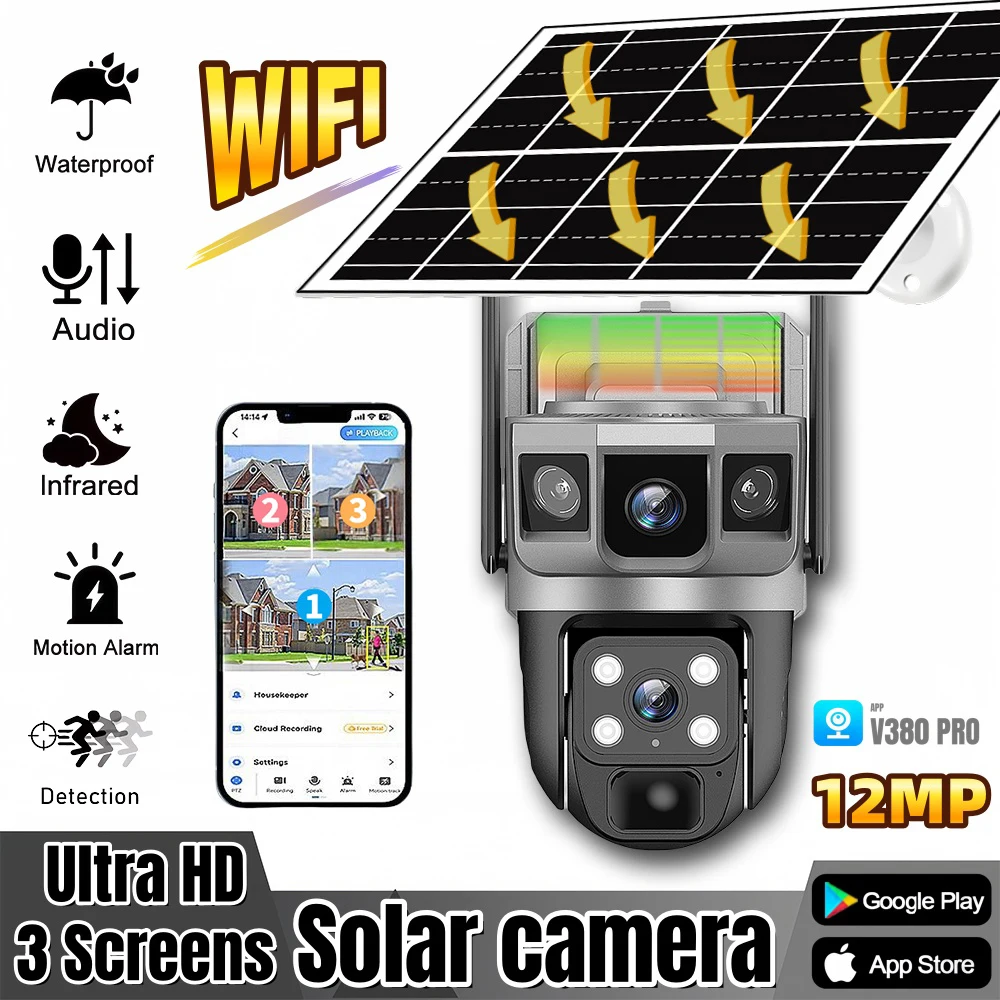 Telecamera solare esterna 12MP 6K Triplo schermo WIFI Monitor di rete wireless V380Pro IP66 PIR Telecamera CCTV di sicurezza per rilevamento umano