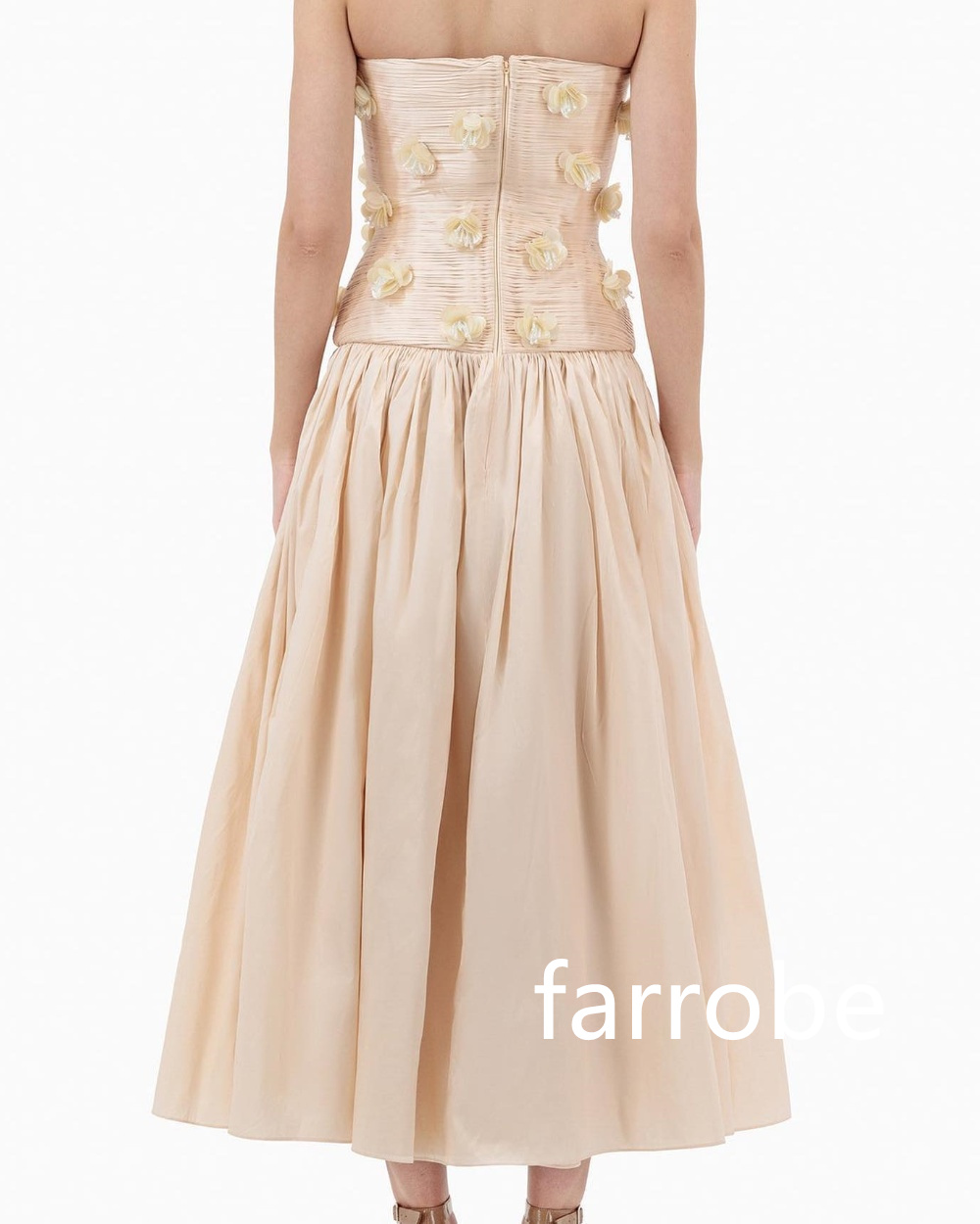 Customized Intricate Jersey Pleat Flower A-line Strapless Midi Dresses Bespoke Occasion Dresses Classic Exquisite Modern Style P