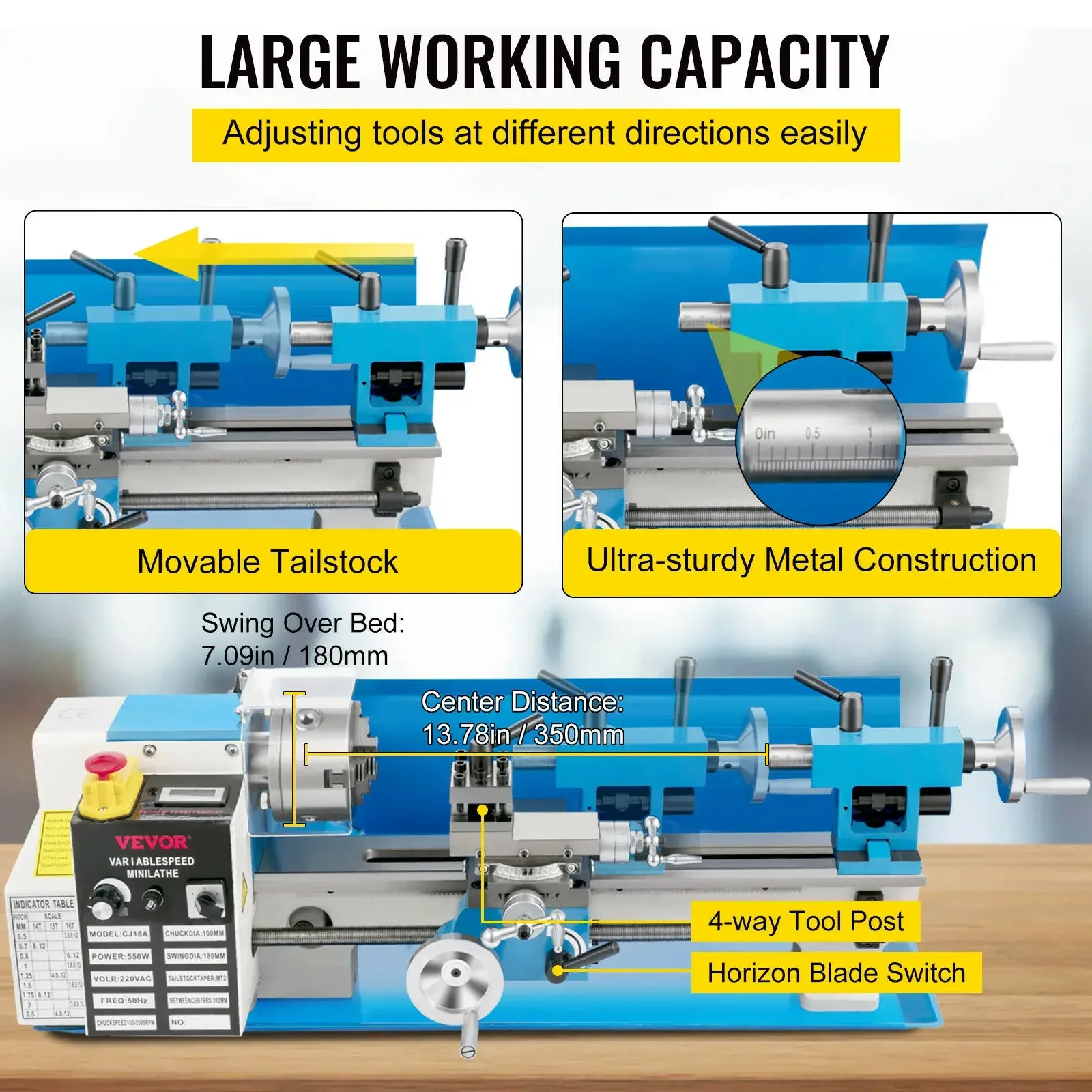 SucceBuy Mini Metal Lathe Machine 7"x14" 550W 180x350mm Variable Speed + 3 Jaw Chuck for Metalworking Turning Drilling Threading