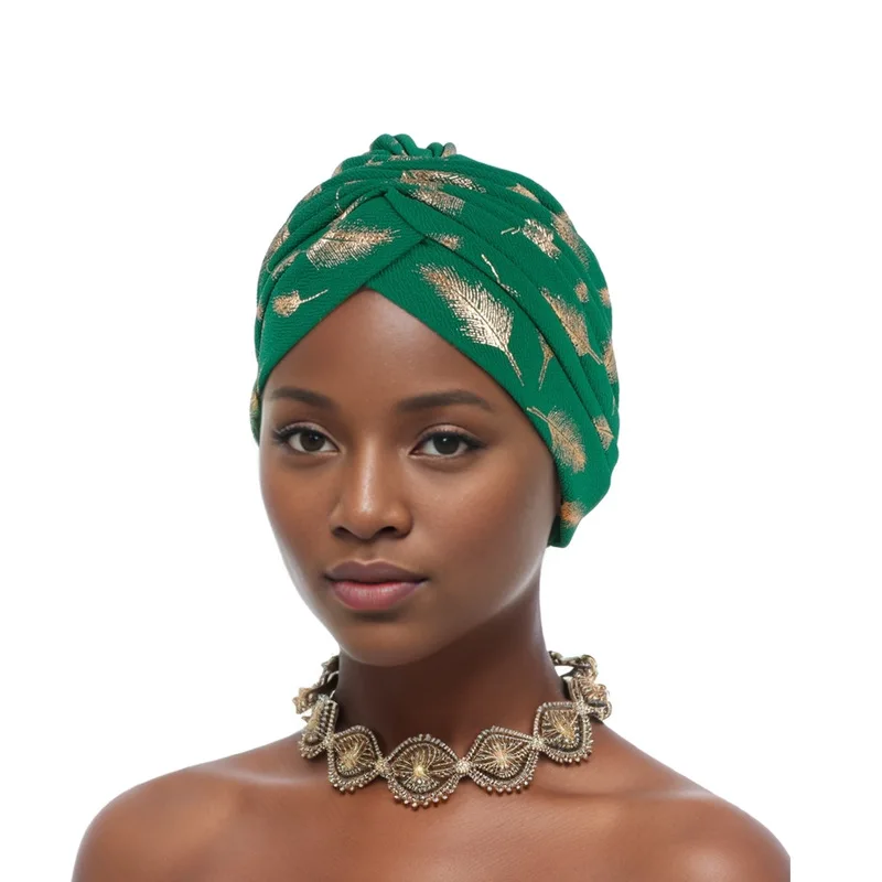 Pena ouro carimbo tecido turbante boné para mulheres africano envoltório cabeça bonnet muçulmano sob cachecol chapéu turbante mujer