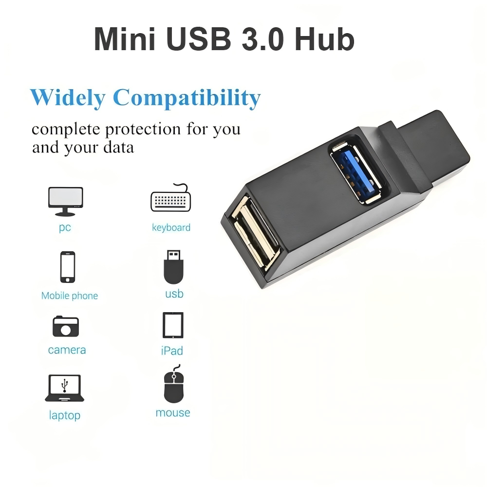 Mini USB 3.0 Hub Adapter Mini Splitter 1-to-3 High-Speed USB 2.0 for Computer Laptop USB Drives