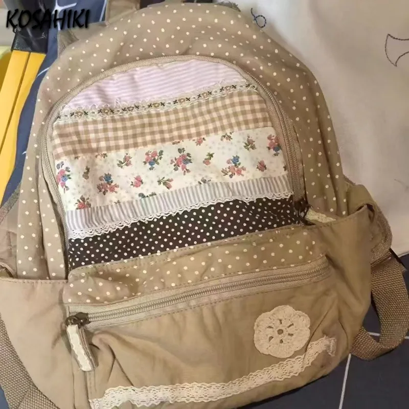 Japanese Vintage Y2k Aesthetic Backpack Sweet Cute Flower Print Schoolbags Women Patchwork Striped Plaid Backpacks for Students