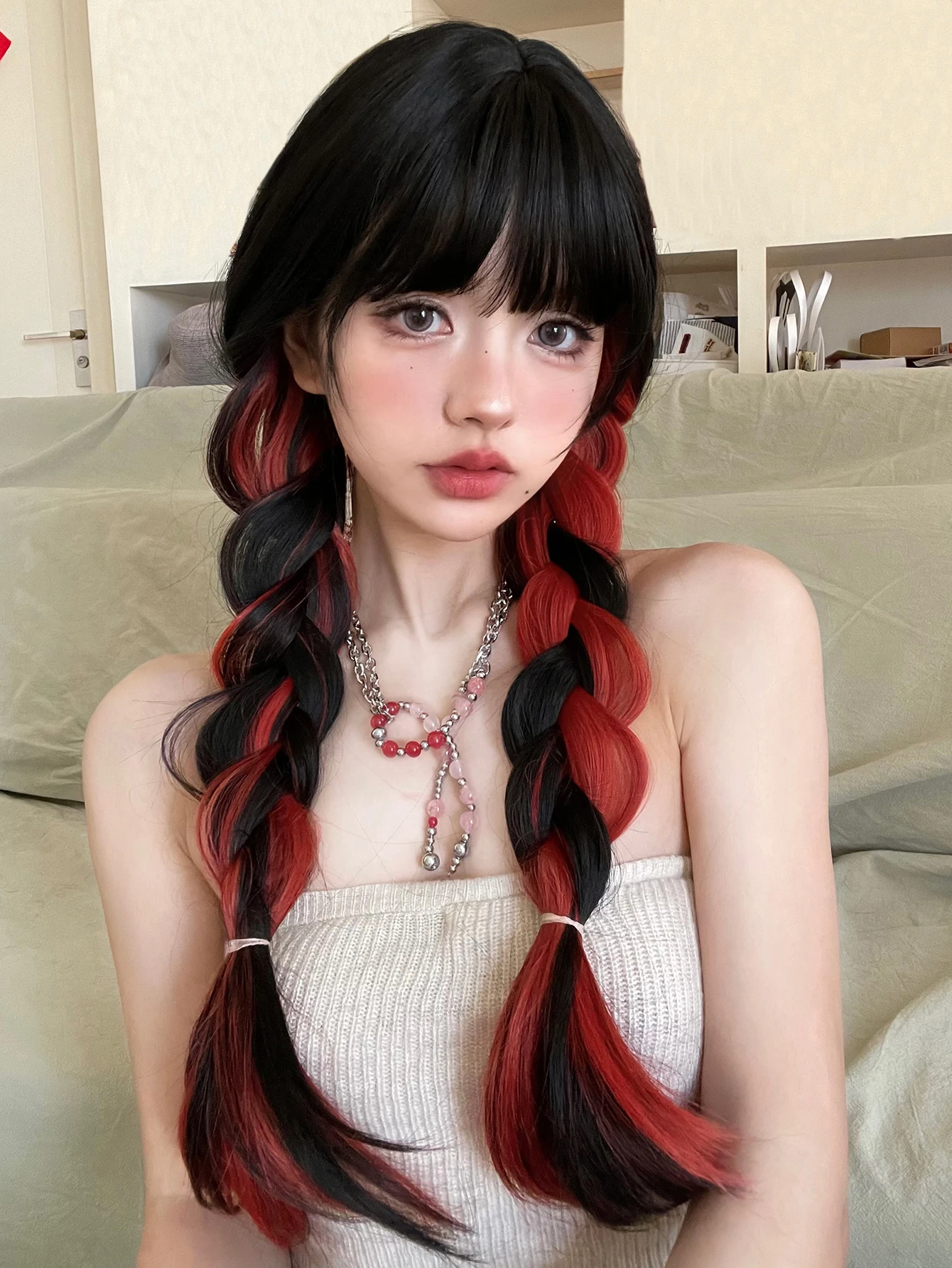 女性のための長くて滑らかなヘアウィッグ,人工毛,接着剤付き,日常使用,コスプレ,耐熱性,26インチ