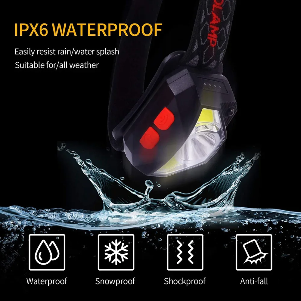 Linterna frontal LED XPE + COB con Sensor de movimiento, 6 modos, recargable por USB, resistente al agua, para acampar, correr, pescar