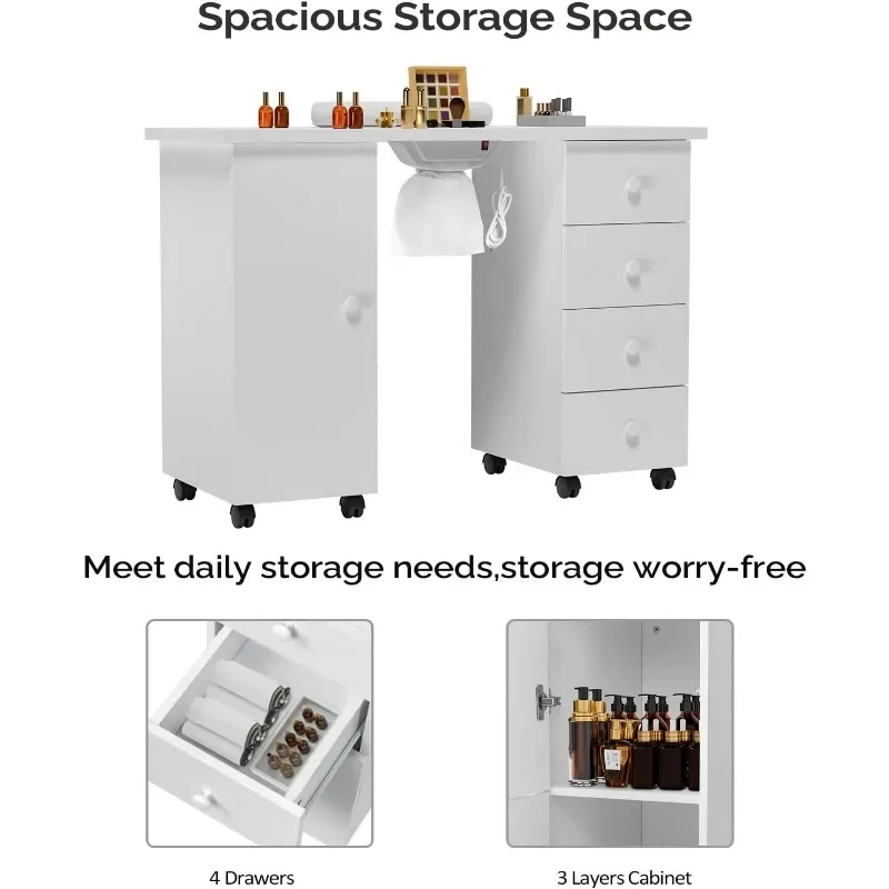 Maniküretisch, Nagelschreibtisch für Nail Tech, Nageltisch, Schönheitssalon-Tech-Station mit elektrischer Downdraft-Entlüftung, abschließbare Räder