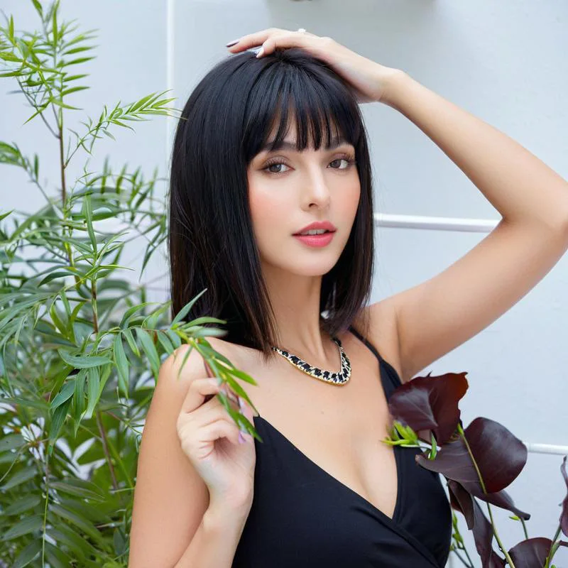 Peruca sintética preta com franja reta cabelo curto e reto conjunto de cabeça cheia corte de cabelo bob peruca completa de seda de alta temperatura