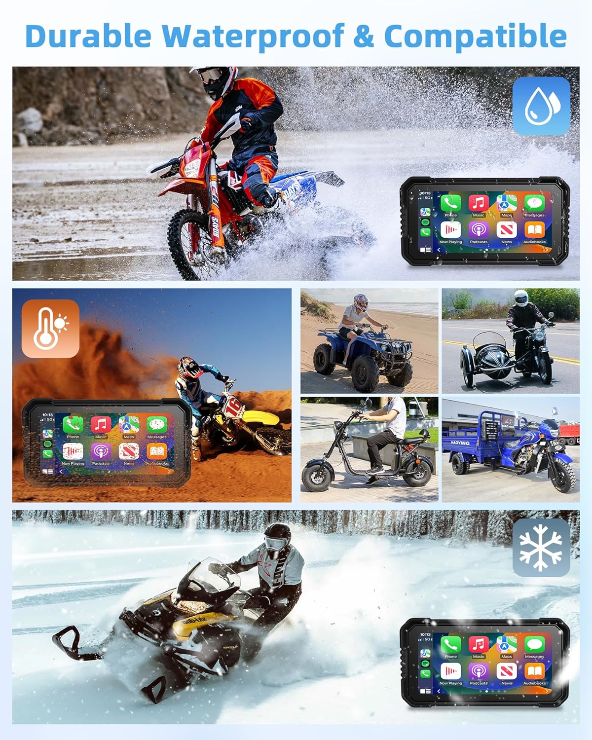 Portátil 5 "/6,25" IPX7 impermeable motocicleta GPS navegación DVR pantalla Carplay para Moto cámaras duales grabadora de unidad Monitor de Moto