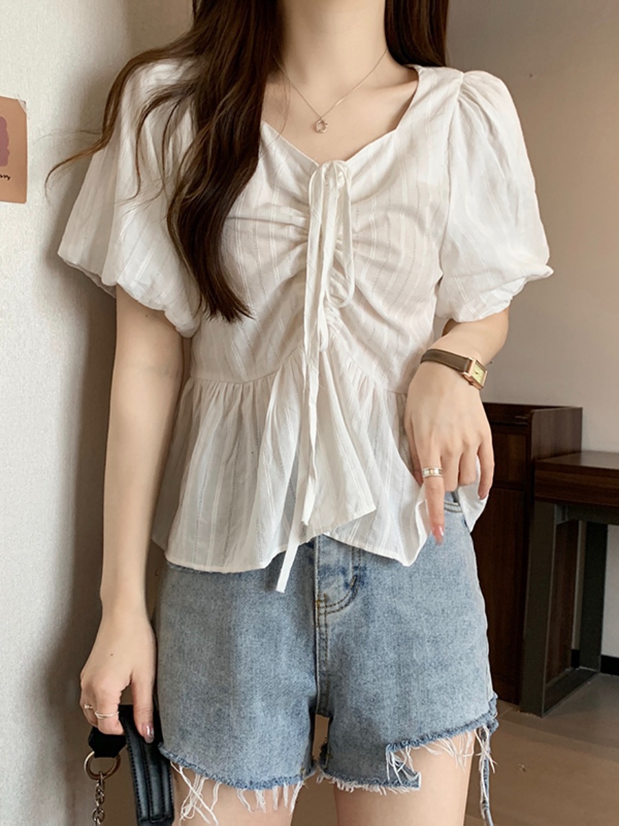 Csa Fena Plus Size de Cor Pura com Cinto e Mangas Curtas Psadas, Estilo Solto de Verão, Decote em V Versátil