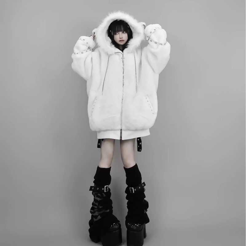 Mauroicardi Herbst Winter Übergroßen Warme Weiche Weiße Faux Pelzmantel Frauen mit Kapuze Harajuku Mode Flauschigen Jacke Streetwear 2025,