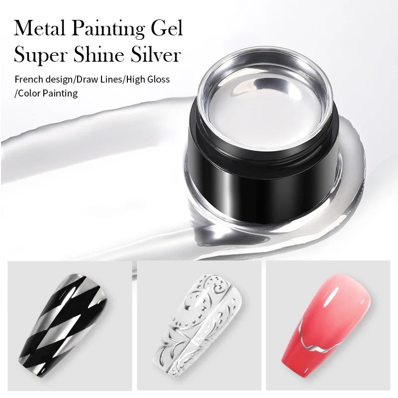 BORN PRETTY Sliver โลหะสายดอกไม้วาดเจล Soak Off สีโปร่งใส 5g ภาพวาดเจล UV เล็บเจล Varni