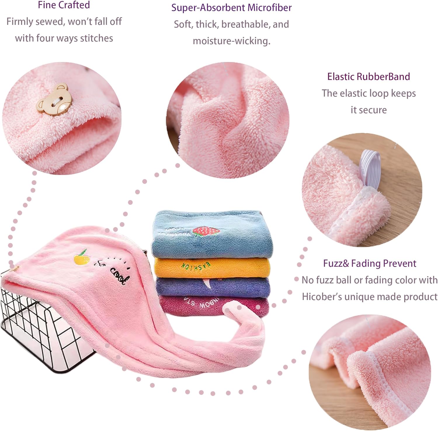 Toalha de cabelo de secagem rápida, toalha de cabelo de secagem rápida, turbante de envoltório de cabelo molhado, toalha de cabelo de microfibra, touca de secagem de cabelo macia com bordado