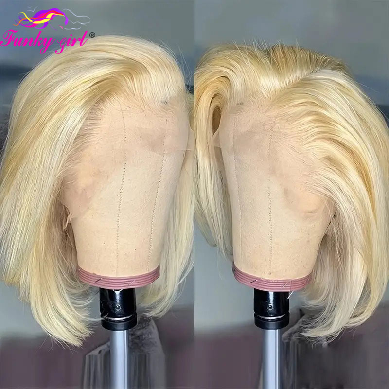 613 Blonde Bob Pruik Echt haar 13x4 Kanten Voorkant Pruiken Echt haar Voorgeplukt Transparant Kant 180% Dichtheid Kanten Frontale Pruik Bobpruik