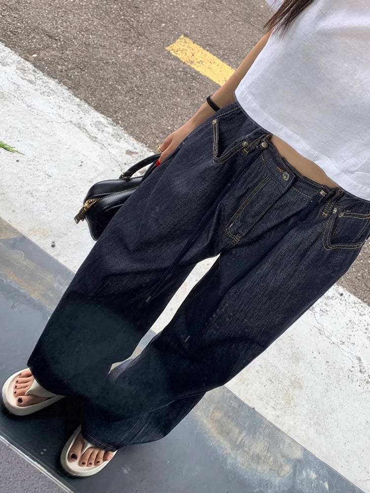 Calças Jeans Fenas de Cintura Alta com Design Retro e Cordão, Pernas Retas e Largas, Detalhes de Costura Versáteis