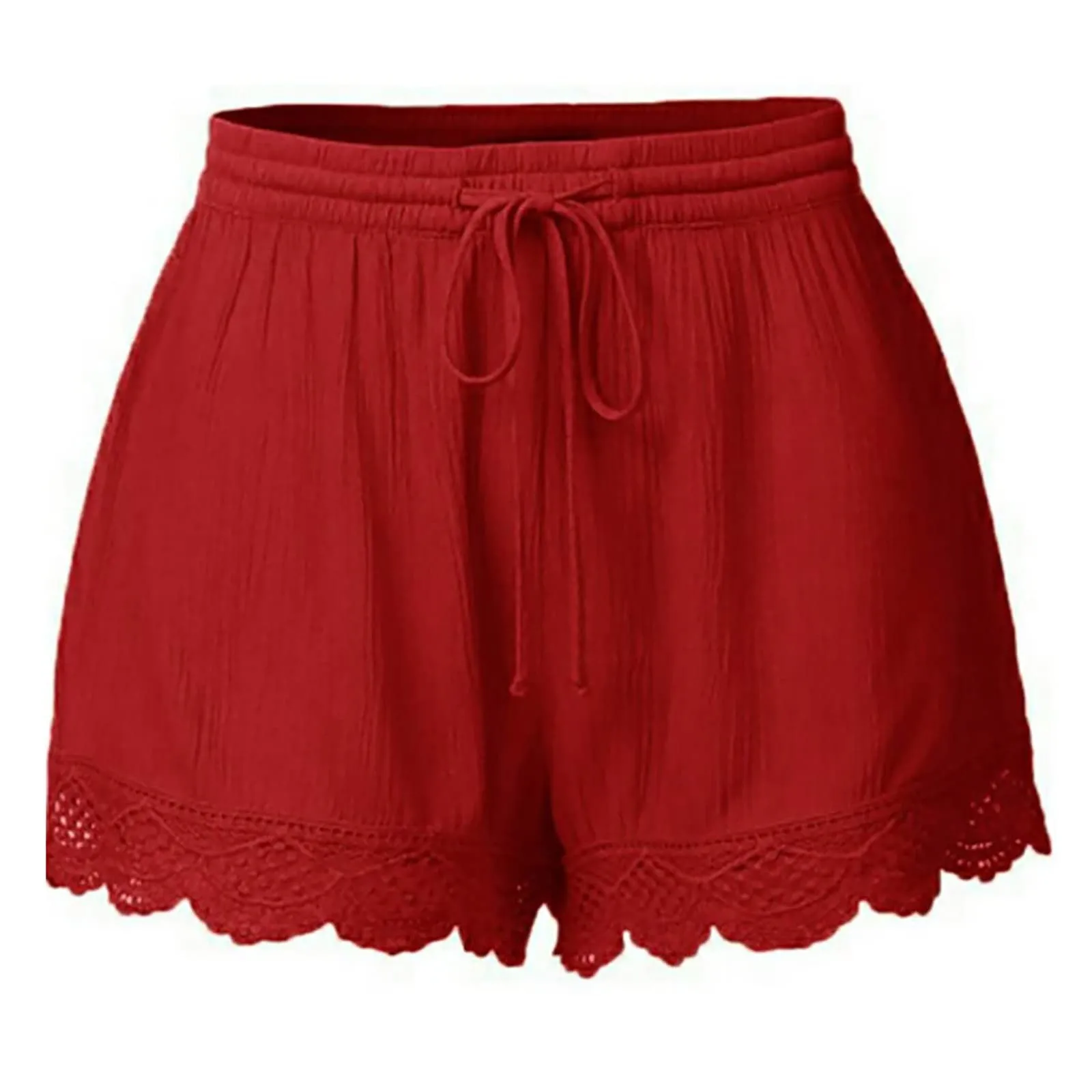 Ruffle Hem Shorts renda para mulheres, shorts casuais, plus size, cordão