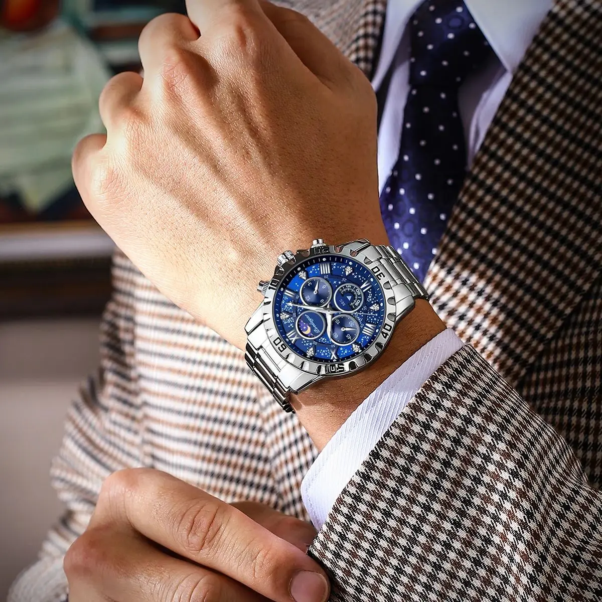 Reloj de pulsera POEDAGAR de lujo para hombre, cronógrafo luminoso resistente al agua, reloj de cuarzo para hombre, relojes deportivos informales de acero inoxidable para hombre