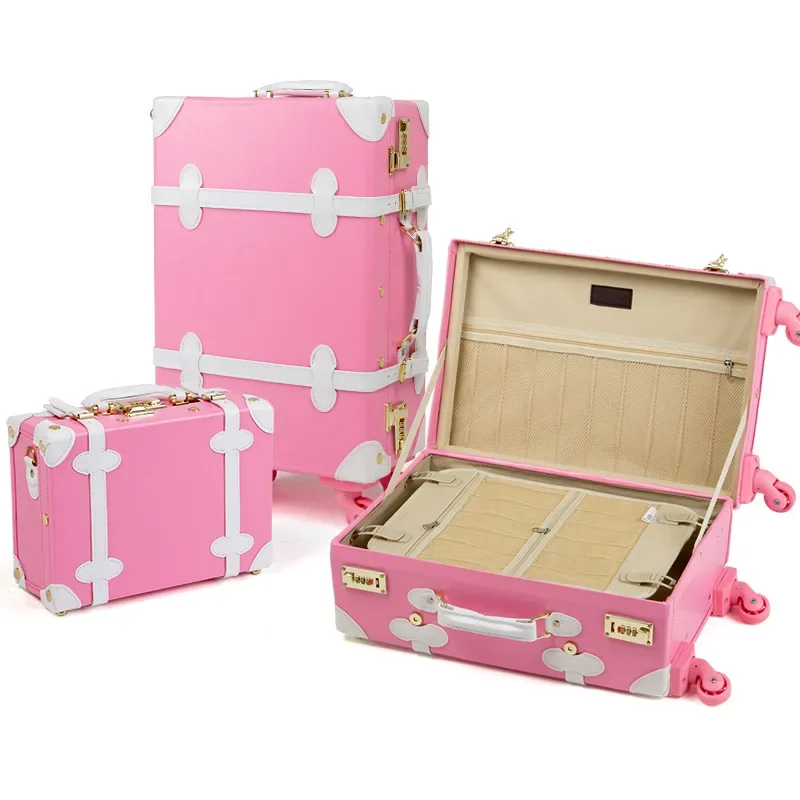 Conjunto de bagagem de couro PU para mulheres, cabine rosa com rodas, carrinho retrô, moda para meninas, 20 ", 24", 26"